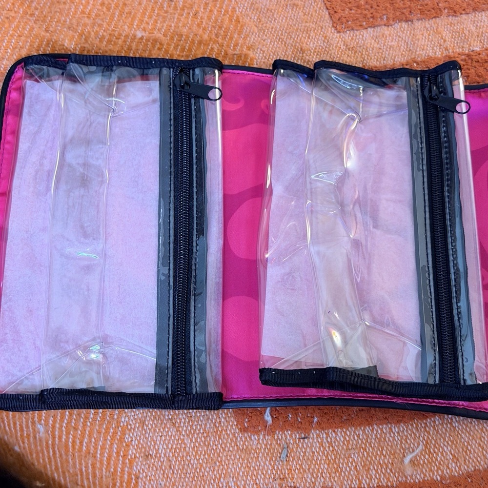 New Vintage Mary Kay Black Pink Roll Up Hanging Makeup Travel Bag 4 Zip Pockets - Picture 3 of 5
